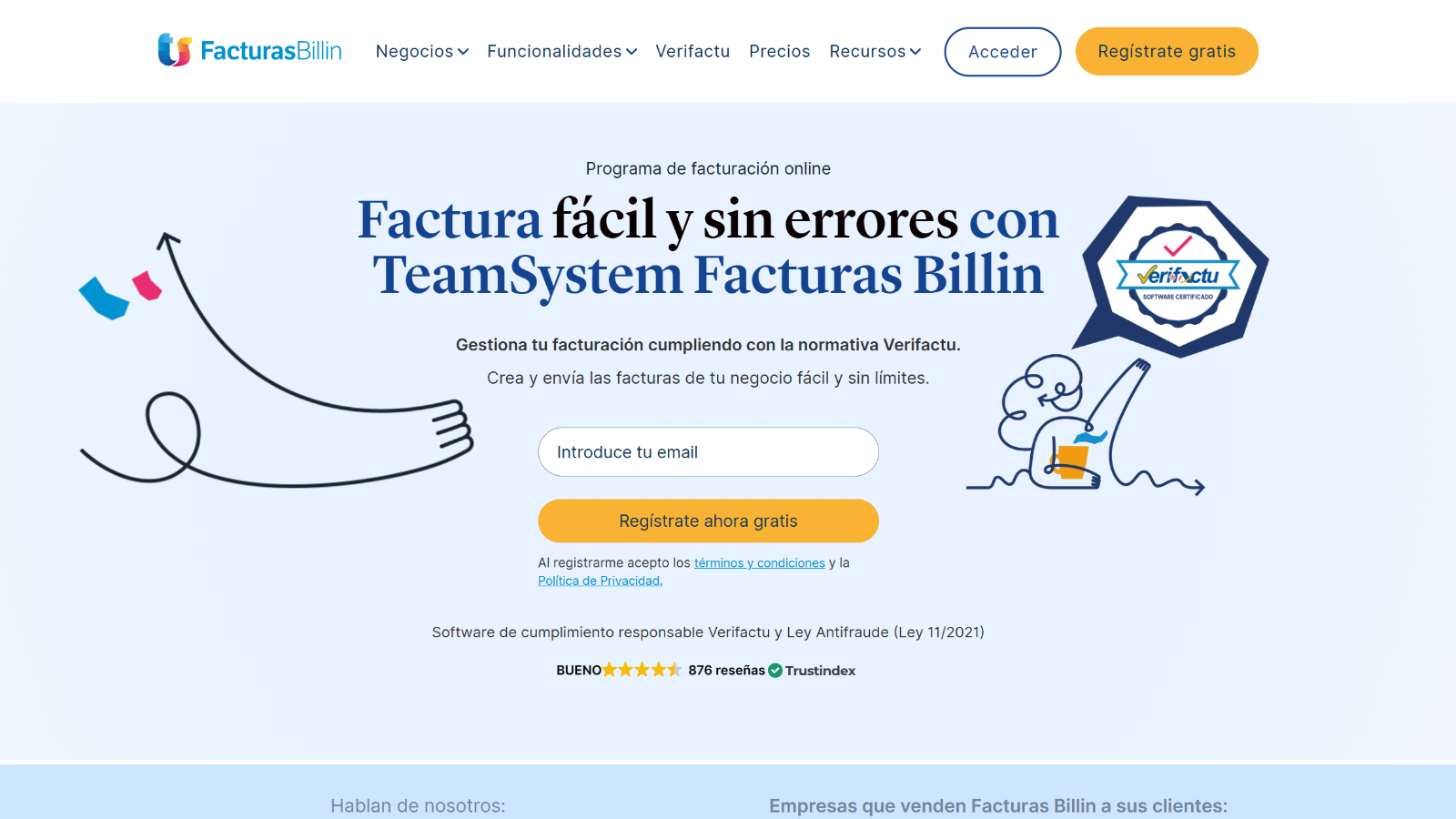 Web de TeamSystem Facturas Billin: programa de facturación online conforme a la normativa Verifactu